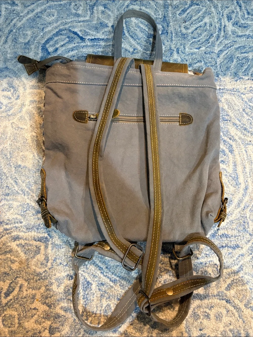 Myra Bag Canvas and Leather Backpack in Olive Green and Blue
